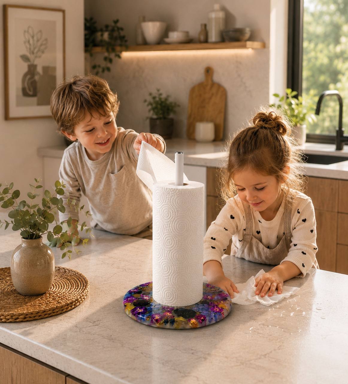 Portarotolo da cucina in resina con veri fiori - foto 5